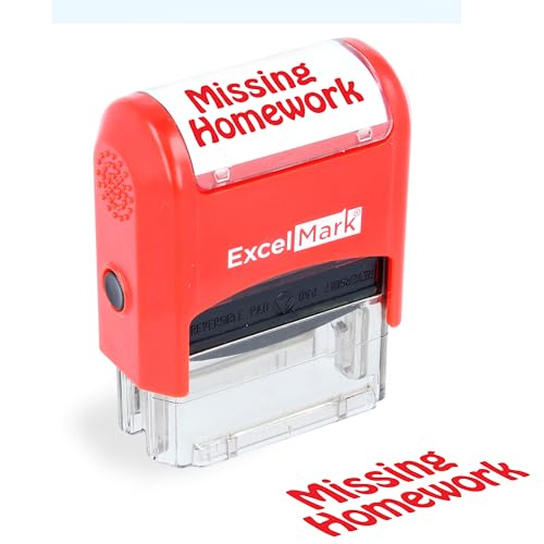 ExcelMark Missing Homework - Self-Inking Two-Color Rubber Teacher Stamp - Perfect for Grading Homework - Red and Blue Ink