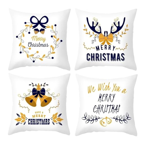 Housse de coussin lavable sans repassage lot de 4 salon blanc bleu