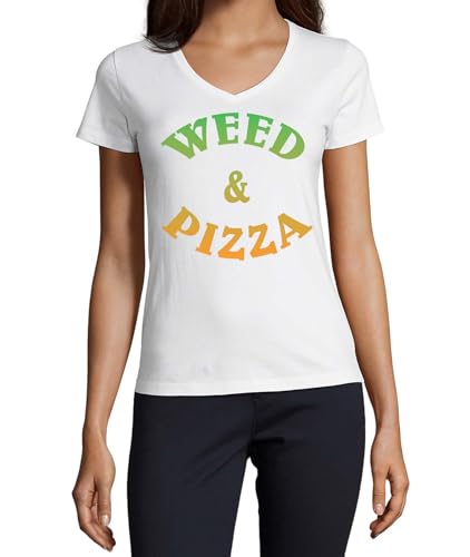 T-shirt col en V coton femme blanc imprimé W and Pizza Munchie