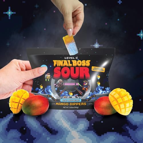Final Boss Sour Fun Dip, Blue Raspberry, 1 Pack, Level 3, Extreme Super Sour Powder with Real Candy Tasting Dried Mangoes, All Natural 80s & 90s Party Sour Candy for Kids, Teens & Adults