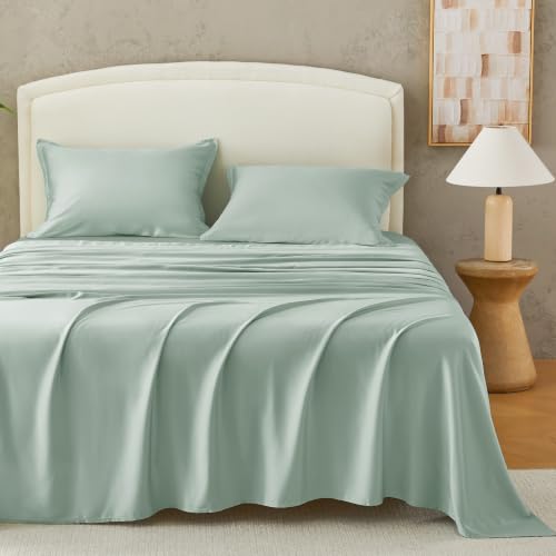 Image of Andency Sateen Sheets Set, 100% Viscose Derived from Bamboo, Hotel Luxury Silky & Cooling for Hot Sleepers, Deep Pocket Up to 16 inch, Sateen Green King