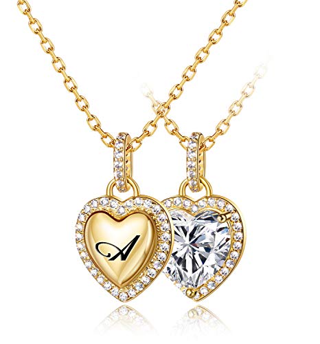 KissYan Tiny Heart Initial Necklace, 14K Gold Plated Cubic Zirconia Dainty Letter Double-Sided Pendant Necklace Alphabet A-Z Fashion Jewelry Gift for Women Girls(Gold A)