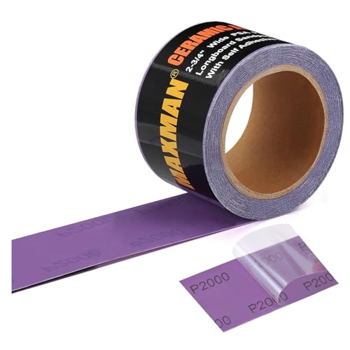 MAXMAN 2000 Grit Sandpaper Roll, PSA Purple Film Ceramic Longboard Sand Paper, 2-3/4' Wide Continuous 20 Yard Long Continuous Roll, Self Adhesive Stickyback for Auto, Wood, Metal, Hand Sanding Blocks