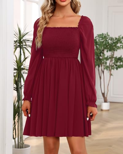 Image of Holipick Women's Casual Square Neck Smocked Dress Shirred Ruffle Puff Sleeve High Waist Cute Flowy A-Line Short Dress