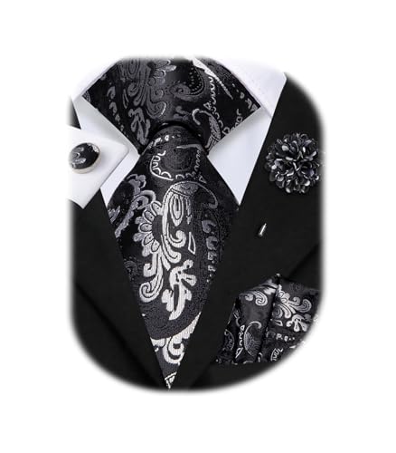 Image of Hi-Tie Men Silk Ties Set with Flower Lapel Pin Necktie Pocket Square Cufflinks for Tuxedo Wedding Business