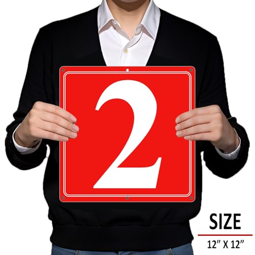 Image of Premium Aluminum Number Signs 2, Metal 12 inch X 12 inch Red Numbered Signs Outdoor for Parking Lots, Floor, Dock, Court, Aisle, Field, High Visibility, No Fade, Weather-resistant