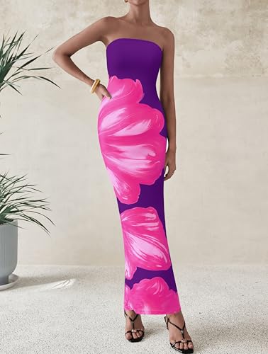 Image of PRETTYGARDEN Women Summer Strapless Maxi Dress Bodycon Floral Sexy Long Wedding Guest Dress Formal Tube Mesh Cocktail Dresses
