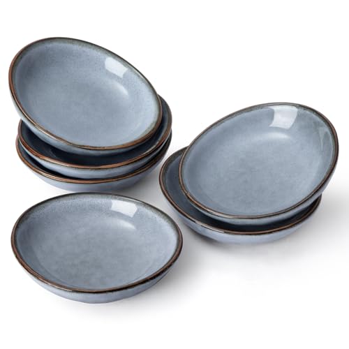 famiware Ocean Soy Sauce Dishes of 6, Oval Dipping Sauce Cups/Bowls/Dishes for Kitchen, 2.1oz Ceramic Small Bowls for Side Dish, Appetizers, Snacks, and Sushi, Reactive Glaze, Dishwasher Safe, Blue