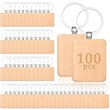 MAQUITA 100 Pcs Wooden Keychain Blanks Wood Key Chains Bulk Laser Engraving Rectangle Keychain Blanks Unfinished Wooden Key Ring Tag for DIY Gift Crafts