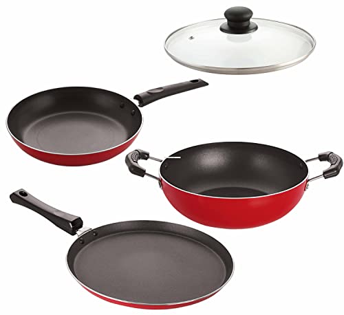 Image of Nirlon Non Stick Stain Resistance Non-Induction Kitchen Essential Cookware Combo Set-4 Pieces (Flat Tawa|Tapper Pan|Kadhai|1 Glass Lid)-32mm FT13 TP24 KD13 1GLID