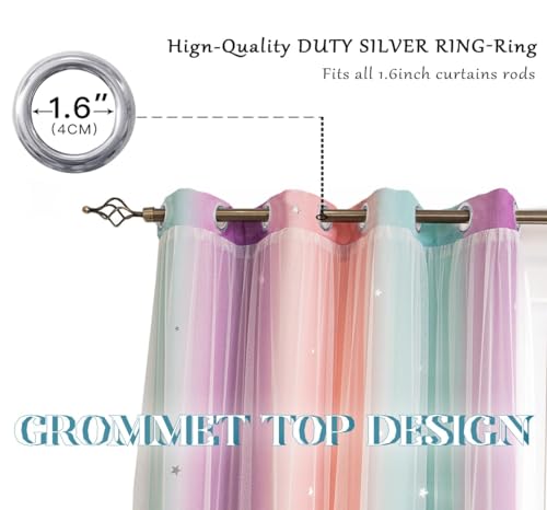 Image of Yancorp Curtains for Girls Bedroom Kids Curtain Hollow-Out Star Window Nursery Curtain 72 inches Length Room Darkening Grommet 2 Layers (Green Pink Purple, W52 X L72)
