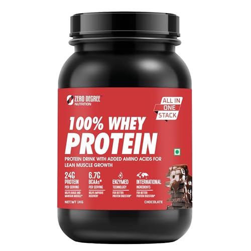 ZERO DEGREE Whey Protein Supplement - 100% Whey Protein | Post Workout Whey Protein Isolate - 24g Protein, 6.7g BCAA, Glutamine & L-Arginine for Fast Recovery & Lean Muscle | Mass Gainer Protein Powder | Protein Powder for Muscle Gain & Muscle Builder for Men and Women [Chocolate, 1 Kg] | Free Jack ZD Pre Workout Supplement for Energy, Pump & Endurance, 40 Servings