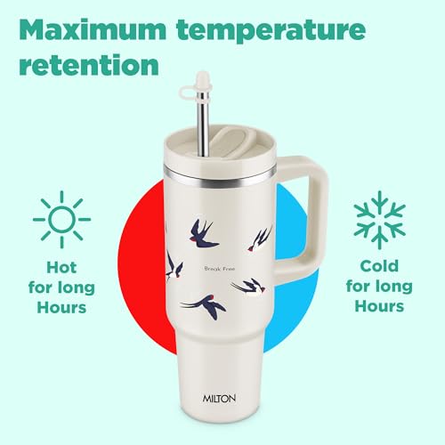 Image of MILTON Malmo 1200 Thermosteel Double Wall Vacuum Insulated Stainless Steel Tumbler with Handle 1100ml, Travel Mug with Straw,Silicon Cap,Cleaning Brush,Hot & Cold Beverage Flask,Birds Cream