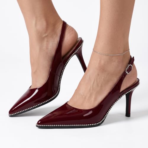 Image of YODEKS Slingback Heels for Women Pointy Toe Beaded Heels Close Toe Kitten Heel Pumps 2.5 Inch Stiletto Pumps Wedding Party Dressy Shoes