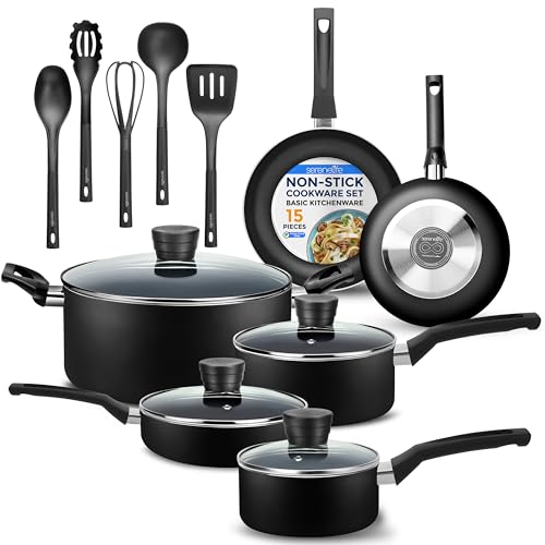 SereneLife Kitchenware Pots & Pans Basic Kitchen Cookware, Black Non-Stick Coating Inside, Heat...