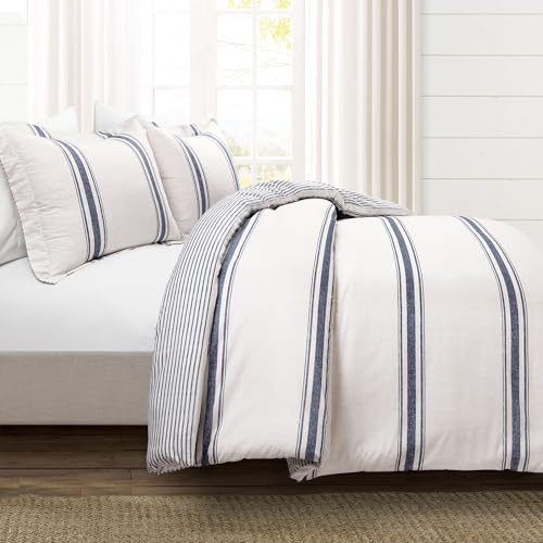 Image of Lush Decor Farmhouse Stripe Reversible Cotton Duvet Cover King Size 3 Piece Set Navy - Farmhouse Bedding Set King - Striped Duvet Cover