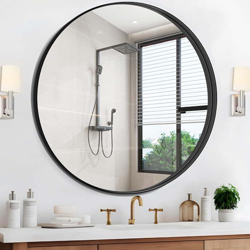 CIVENO Black Round Mirror 42 inch Deep Frame Circle Mirror, Metal Frame Round Bathroom Mirror, Circle Mirrors for Wall Entryway Washroom Bedroom Living Room Hallway