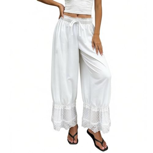 Womens Lace Bloomers Pants Smocked Elastic Waist Ruffle Pantaloons Lounge Pajama Bottoms Lace Trim Slip Pants (White S)