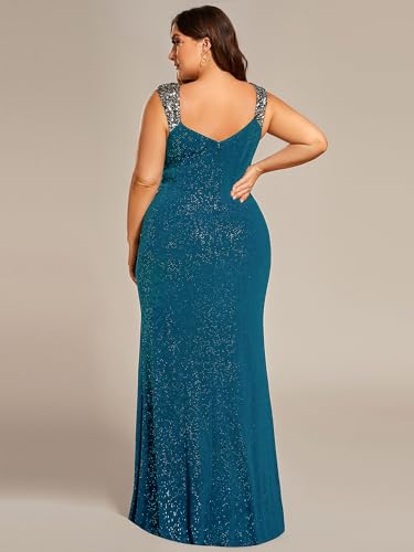 Image of Ever-Pretty Women's Glitter V Neck Sleeveless Plus Size Formal Dresses High Split Bodycon Prom Dress Evening Gowns