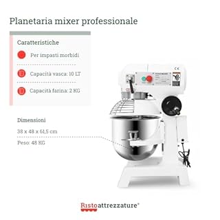 Ristoattrezzature Planetaria Impastatrice Professionale Monofase - Capacità 10 lt (Capacità Farina 2 kg, Capacità Impasto 4 kg) - Giri Motore 110, 178, 390 Rpm, Potenza 0.45 kW