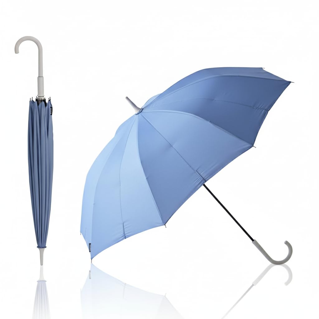 Marna Shupatto S498B Umbrella, Women's, Rain Umbrella, Long Umbrella, Men's, Button-less, Unisex, For Rain or Shine, 16 Ribs, Gift, Azure Blue, 22.8 inches (58 cm)