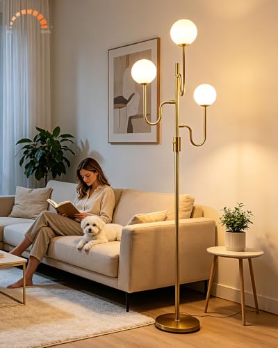 Image of 3-Light Globe Floor Lamp with 3PCS Bulbs, Dimmable Gold Standing Floor Lamp, 3000K Warm White Modern Tall Floor Lamp for Living Room Bedroom Sofa Corner, Curved Arm Reading Floor Lamp