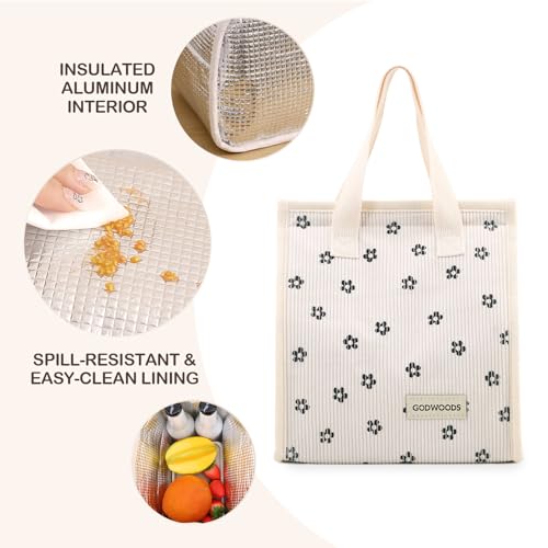 TELLUMO Corduroy Lunch Bag for Women Men Cute Lunch Bag Insulated Lunch Box with Large Capacity (7.5L) Reusable Lunchbag for Work, Picnic, Beach or Travel (S- Corduroy BlackClub)