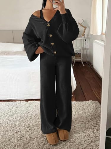 Fazortev Womens 2 Piece Outfits V Neck Cardigan Sweater Knit Sweater Lounge Sets Loungewear Black