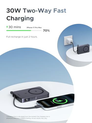Image of UGREEN MagFlow 10,000mAh Power Bank, Qi2 25W Certified Wireless Charging, Magnetic Portable Charger for MagSafe with Built-in Cable, 30W USB-C Battery Pack for iPhone 17 Pro Max /16 /15 /14 /13 /12, Grey