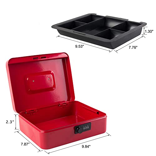 KYODOLED Large Cash Box with Combination Lock Safe Metal Money Box with Money Tray for Security Lock Box 9.84"x 7.87"x 3.54" Red Large
