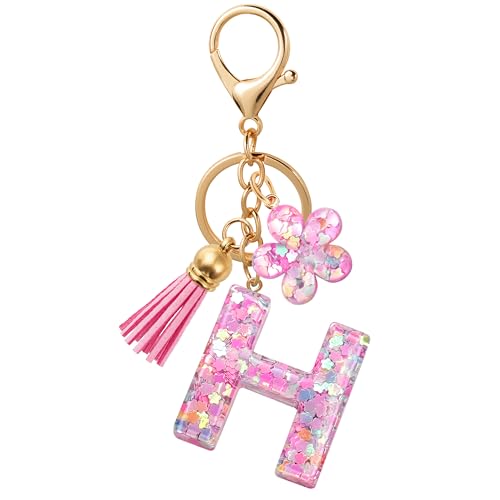 ANHBKAR Pink Flower Initial Keychain - Resin Letter H Bag Charm for Women, Girls (H-PINK)