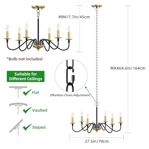 Image of Phaosio Rustic Farmhouse Candle Chandelier for Dining Room, 6-Light Rustic Black Iron Light Fixture with Classic S-Arm Design for Kitchen Island, Living Room, Foyer-Black and Gold