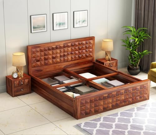 Image of King Size Sheesham Wood Box Storage Bed - Diamond Design Solid Wood Bedroom Bed | Honey Finish Wooden Cot | Eco-Friendly Handmade Indian Furniture | Modern Wooden Storage Bed