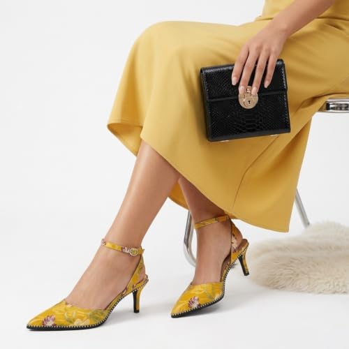 Image of SAMMITOP Kitten Heels for Women Low Heel Closed Toe Ankle Strap Pumps Wedding Party Beaded Dress Shoes 2.4 Inch