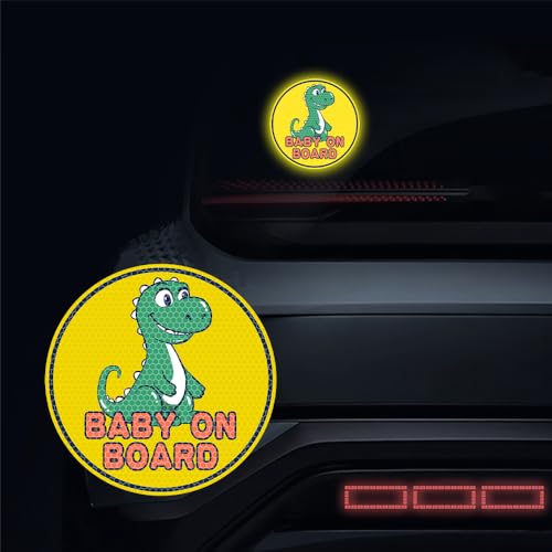 Image of 2PCS Assured Signs Baby On Board Sign Stickers,Reflective Baby Safety Warning Decal for Cars- Bright Yellow, Durable (Dinosaur Baby on Board)