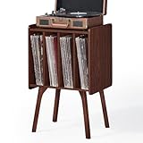 LELELINKY Record Player Stand, Walnut Vinyl Record Storage Table with 4 Cabinet Up to 100 Albums,Mid-Century Modern Turntable Stand with Wood Legs,Vinyl Holder Display Shelf for Bedroom Living Room