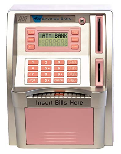 ATM Toy Savings Bank with Motorized Bill Feeder, Coin Reader and Balance Calculator (Pink)