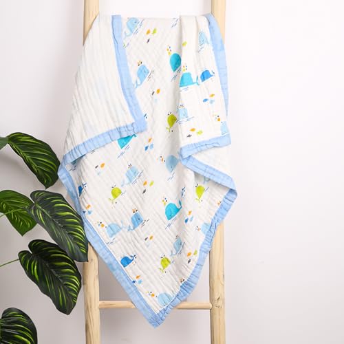MOM'S HOME Organic Cotton Baby Muslin 6 Layer Blanket | 100 x100 cm | 0-3 Years | Pack of 1 | Blue Whale