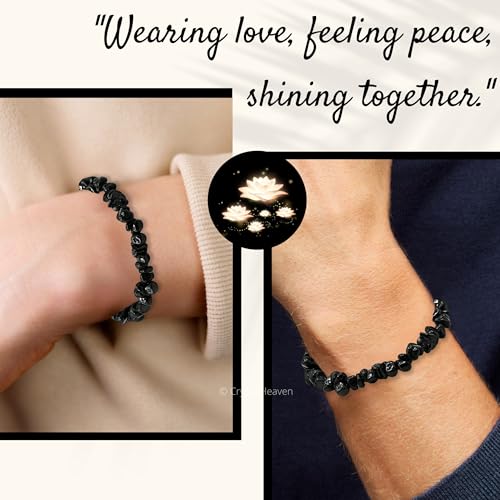 Image of Certified Black Tourmaline Bracelet for Women Men with Healing Crystal and Reiki Stone - Beautiful Gemstone Beaded Bracelet for Balance, Harmony & Positive Energy (Chips Stone Beads)