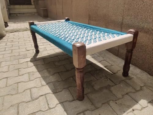 Image of Handwoven Wooden Bench | Traditional Rope Charpai Stool | Solid Wood Frame Seating for Living Room, Balcony & Outdoor | Durable & Stylish Design ((Blue & White Finish))