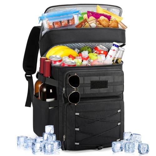 RAINSMORE Kühlrucksack 30L Auslaufsicher Groß Thermo Kühltasche Rucksack Doppeldeck Isolierter Picknickrucksack für Familie Outdoor BBQ Schwarz