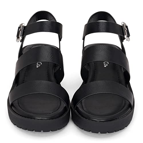 Chariot & Co -Credit(IIS)- Girls/Little Kids/Children Open Toe Strappy Two Band Double Strap Ankle Buckle Platform Lug Sole Chunky Block 1.75" Heel Sandals4