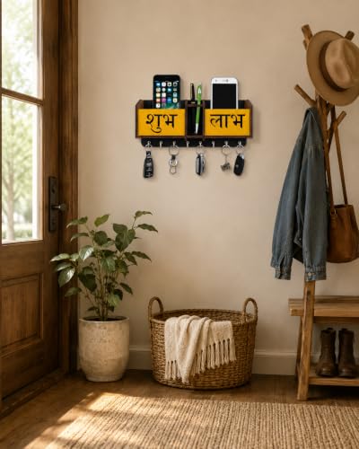 Image of Shubh Labh Key Holder Unique Designer 2 Pocket Pen and Mobile Stand Stainless Steel 8 Hooks Wooden Key Holder for Home, Key Stand for Wall, Key Organizer for Office, Hall Decoration