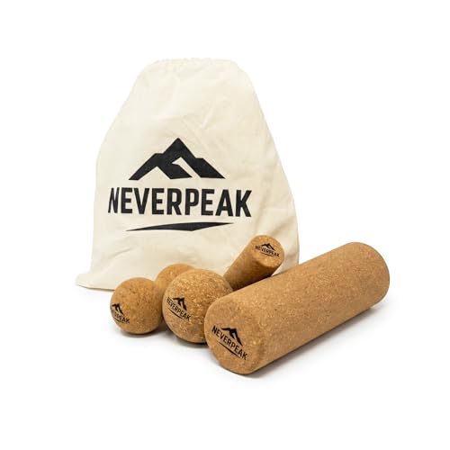 NEVERPEAK Faszienrollen-Set aus Kork – 4-teilig mit Duoball, Faszienrolle, Massageball & Fußrolle – natürlich, antibakteriell & tragbar – ideal für Triggerpunktmassage & Muskelregeneration