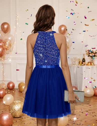 Image of Dressystar Women's Sequin Short Prom Dress Sparkly Halter Tulle Cocktail Party Homecoming Dresses