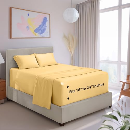 Image of Hearth & Harbor Extra Deep Pocket Twin Sheets Set - 3 Piece Hotel Luxury Bed Sheets Set Fits Up to 24 inch Mattress - Ultra Soft Luxury Bed Sheet Set - Soft & Breathable, Vanilla Yellow