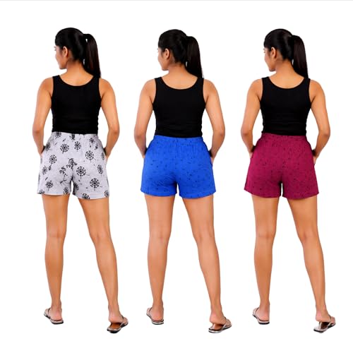 Image of Women Shorts Combo Pack of 3 | Recycled Cotton Fabric | Stretchable & Breathable | Elastic Waist Drawstring | Lounge, Sleepwear| Trendy Prints | Multicolour