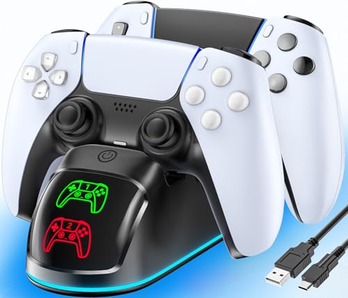 RGB PS5 Ladestation, 2St. Schnelles PS5 Ladegerät für PS5 Original & Edge Controller, mit LED Anzeigen & 9 RGB Beleuchtung, PS5 Controller Ladestation für PlayStation 5 Zubehör, Schwarz