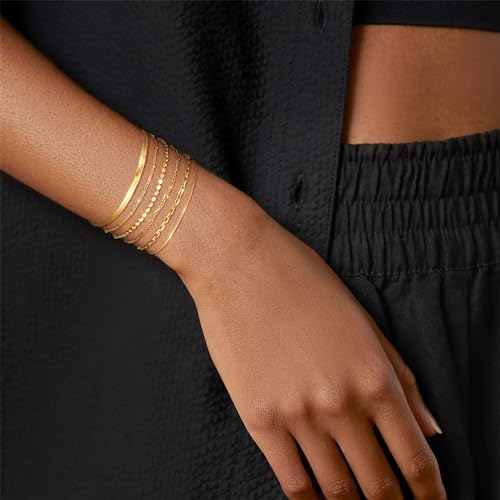 Bracelet for Women - Dainty Stack Bracelets Trendy Adjustable 14K Gold Plated Thin Paperclip Bead Box Satellite Figaro Cuban Link Chain Bracelet Set for Women Waterproof Jewelry Gift