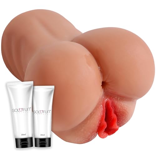 SoloFun 2 in 1 Realistic Male Masturbators with 3D Vagina Lifelike Realistic Textured Pocket Pussy Adult Sex Toys for Men Penis Stimulation Manual Masturbators Cup Brown - Includes 2X 30ml lubes